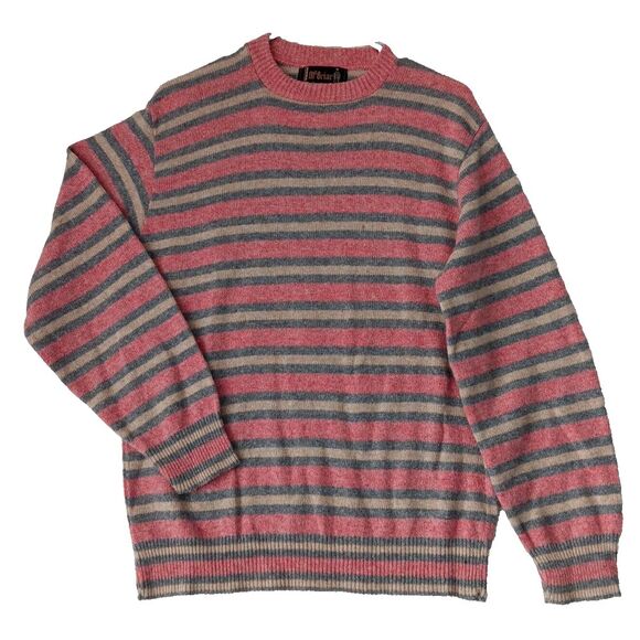 McBriar Mens Sz Large Shetland Wool Pullover  Knit Pink Gray beige striped Vtg - Picture 5 of 6